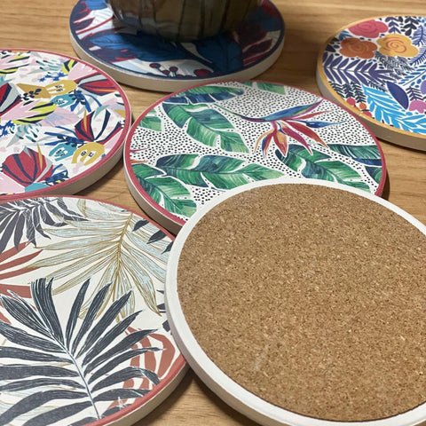Spring Blossoms Stone Coasters with Cork Base - Set of 06 Coasters - Needs Store