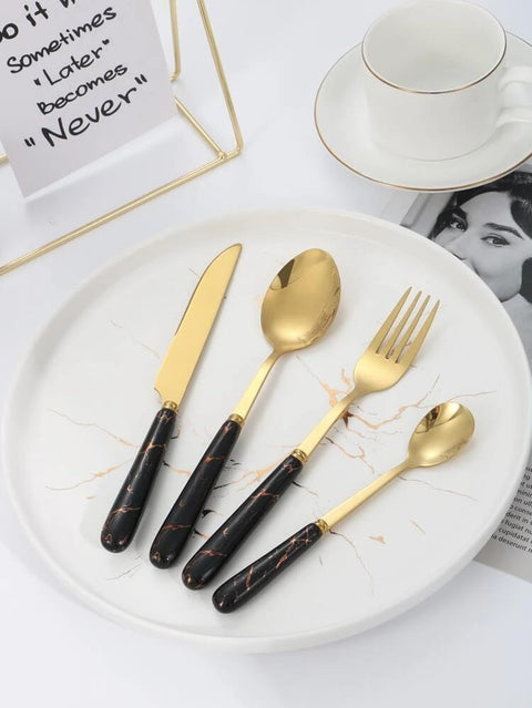 Stainless Steel Gold Cutlery Set with Black Marble Pattern Handle - 24 pcs | Kitchenware Cutlery Set - Needs Store