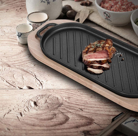 Steak Cast Iron Pan / Grill Pan /Cooking Plate with Wooden Tray - Needs Store