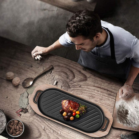 Steak Cast Iron Pan / Grill Pan /Cooking Plate with Wooden Tray - Needs Store