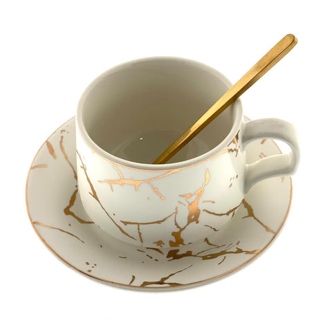 White & Gold Coffee/Tea Mug with Saucer & Spoon - Needs Store
