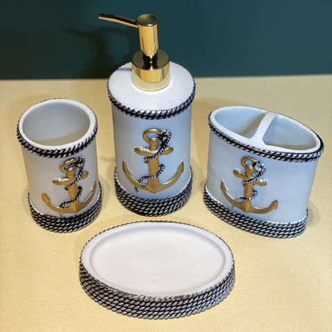 White n Gold Anchor Bathroom Accessories Set - 4 pcs - Needs Store