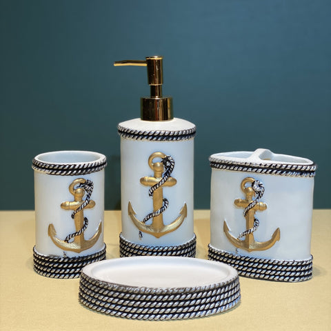 White n Gold Anchor Bathroom Accessories Set - 4 pcs - Needs Store