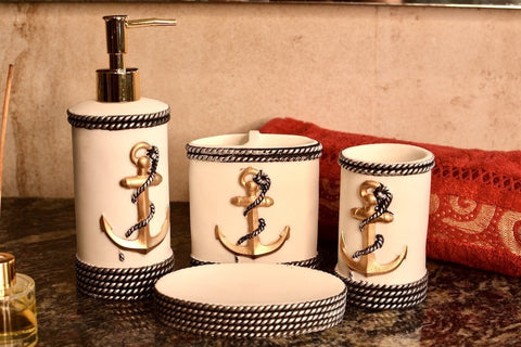 White n Gold Anchor Bathroom Accessories Set - 4 pcs - Needs Store